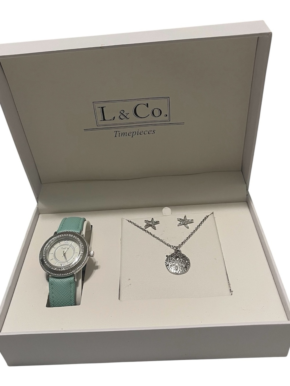 L & Co. Timepieces Watch Gift Set Necklace Earrings Mint Blue New in Box